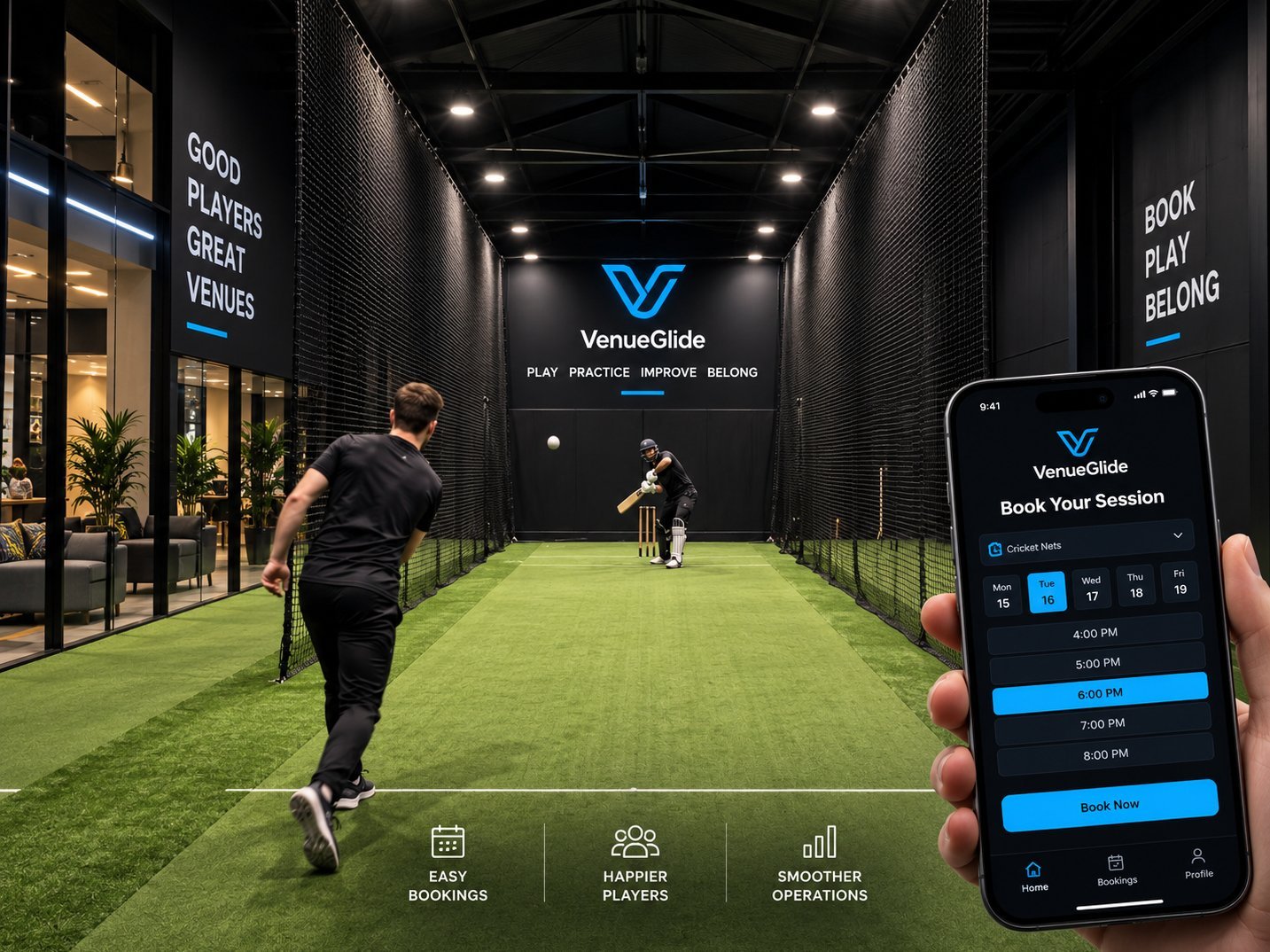 Indoor cricket nets booked through VenueGlide on a phone