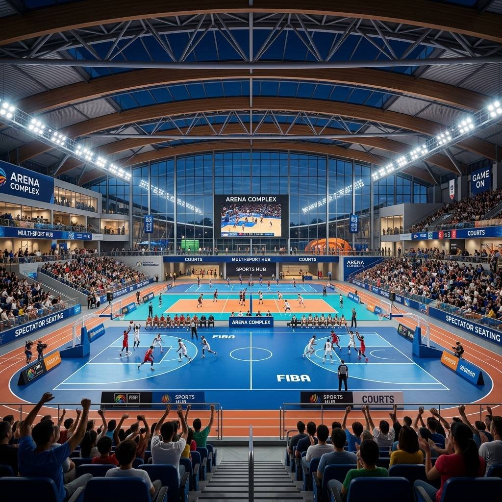 Multi-sport complex with basketball and volleyball courts